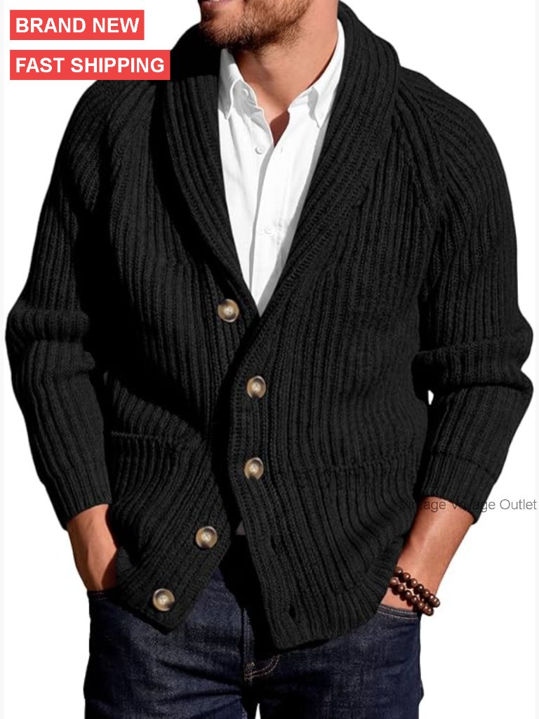 Men's Shawl Neck Cable Knit Cardigan Sweater With Pockets Button Up Closure